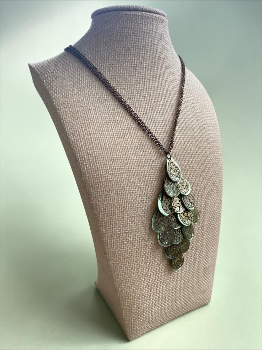 Vintage Bronze Filigree Abalone Cascade Bib Statement Necklace